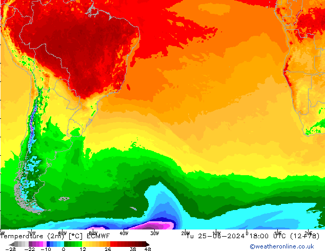 Temperatura (2m) ECMWF mar 25.06.2024 18 UTC