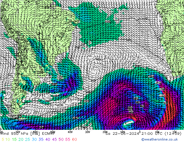 ветер 950 гПа ECMWF сб 22.06.2024 21 UTC