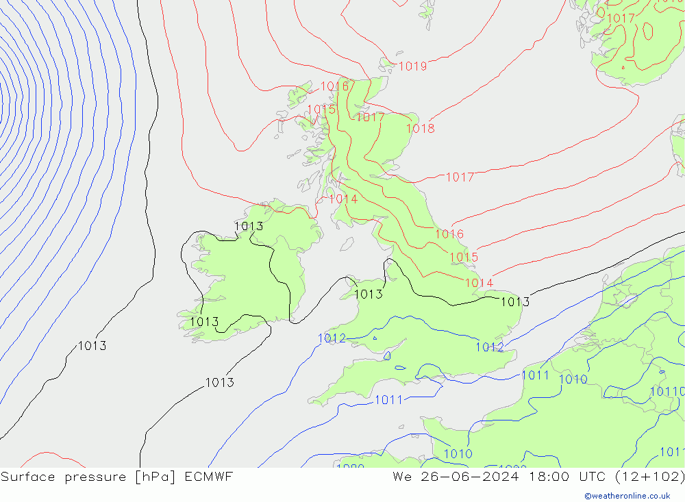 Surface pressure ECMWF We 26.06.2024 18 UTC