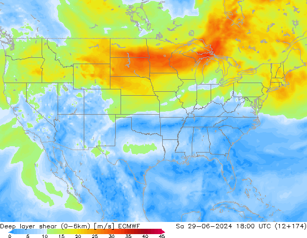 Deep layer shear (0-6km) ECMWF Cts 29.06.2024 18 UTC