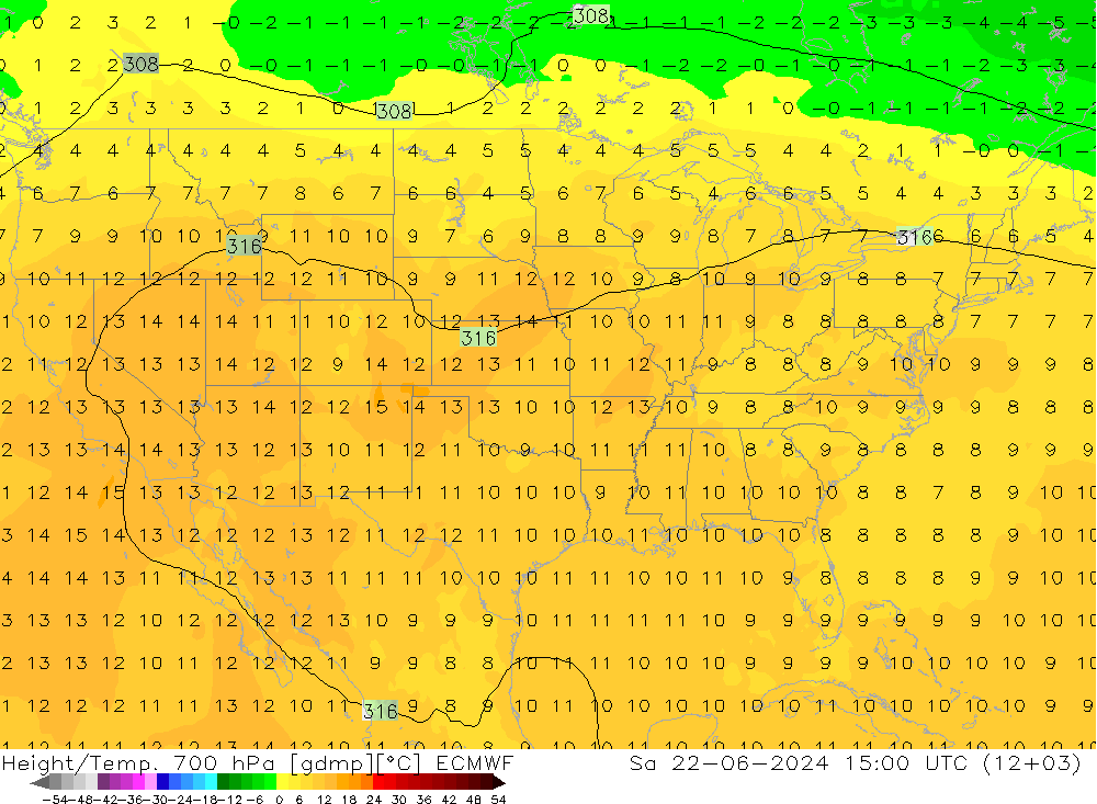 Height/Temp. 700 hPa ECMWF Sáb 22.06.2024 15 UTC