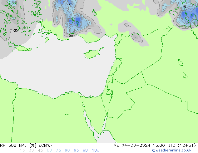 Humidité rel. 300 hPa ECMWF lun 24.06.2024 15 UTC