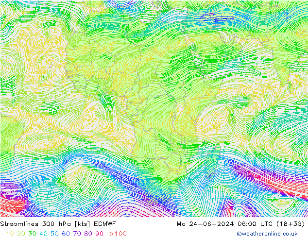 Streamlines 300 hPa ECMWF Mo 24.06.2024 06 UTC