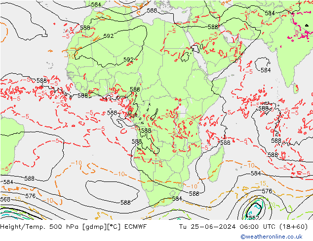 Z500/Rain (+SLP)/Z850 ECMWF wto. 25.06.2024 06 UTC
