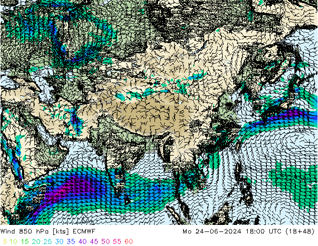 ветер 850 гПа ECMWF пн 24.06.2024 18 UTC