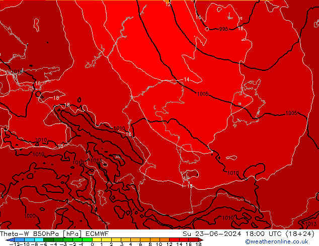 Theta-W 850hPa ECMWF Paz 23.06.2024 18 UTC