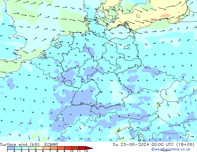 Viento 10 m (bft) ECMWF dom 23.06.2024 00 UTC