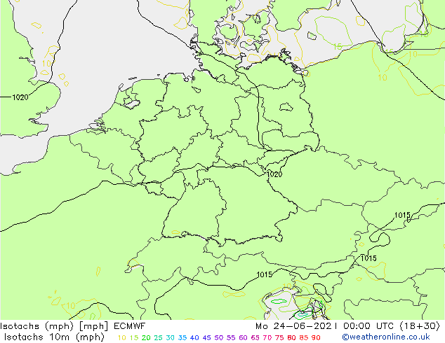 Isotachs (mph) ECMWF пн 24.06.2024 00 UTC