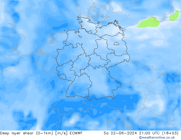 Deep layer shear (0-1km) ECMWF 星期六 22.06.2024 21 UTC