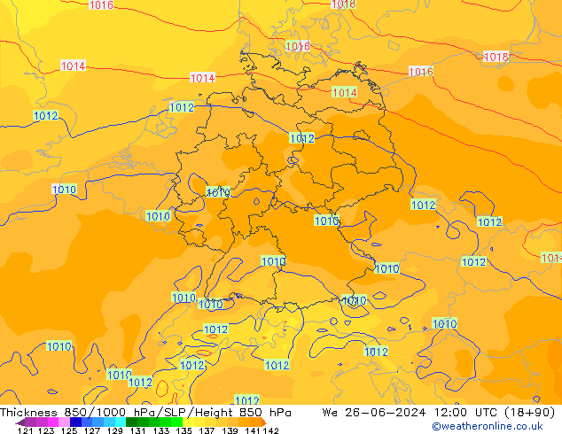 Thck 850-1000 hPa ECMWF Qua 26.06.2024 12 UTC