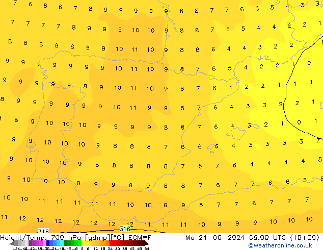 Height/Temp. 700 hPa ECMWF Mo 24.06.2024 09 UTC