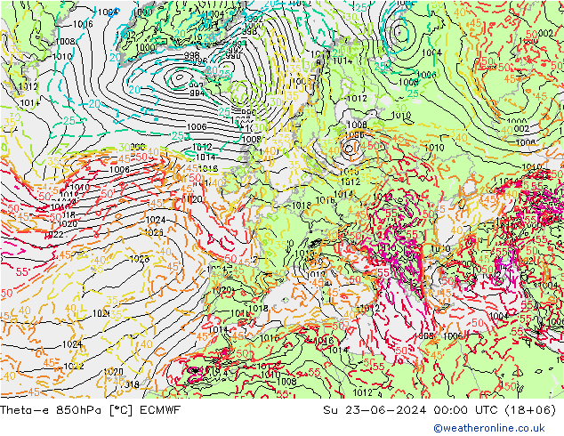 Theta-e 850hPa ECMWF dom 23.06.2024 00 UTC