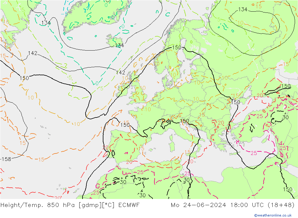 Hoogte/Temp. 850 hPa ECMWF ma 24.06.2024 18 UTC