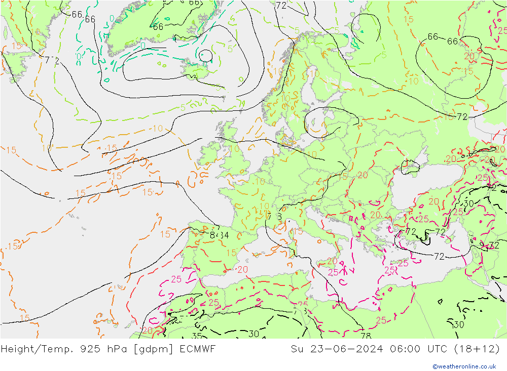 Height/Temp. 925 hPa ECMWF dom 23.06.2024 06 UTC