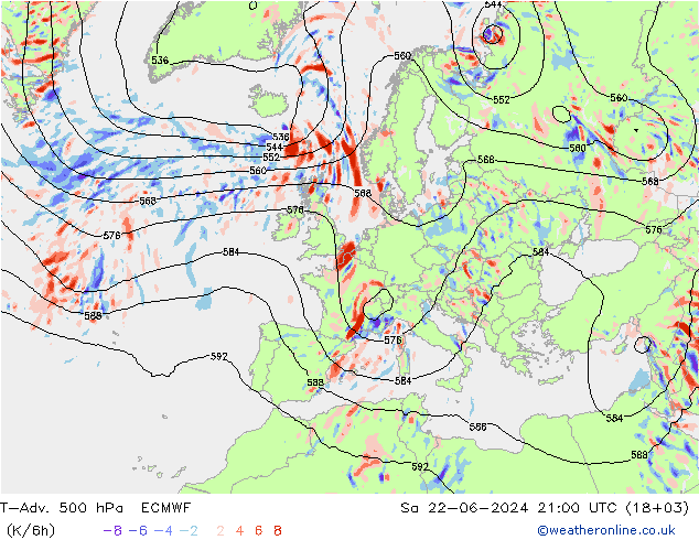 T-Adv. 500 hPa ECMWF 星期六 22.06.2024 21 UTC