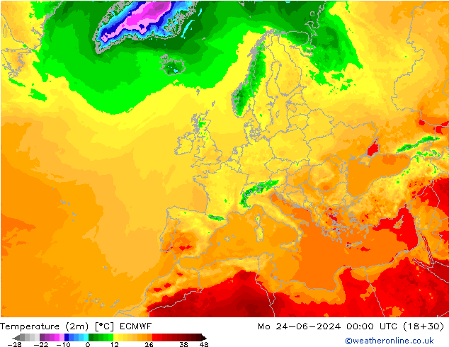 Temperatuurkaart (2m) ECMWF ma 24.06.2024 00 UTC