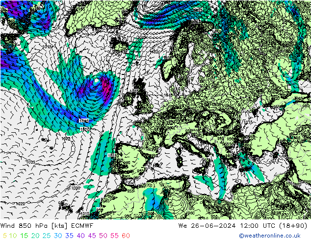 wiatr 850 hPa ECMWF śro. 26.06.2024 12 UTC