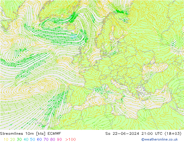 风 10m ECMWF 星期六 22.06.2024 21 UTC