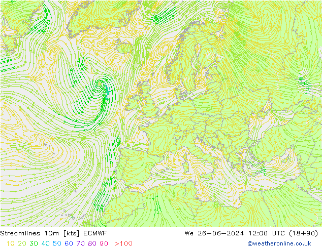 Linia prądu 10m ECMWF śro. 26.06.2024 12 UTC