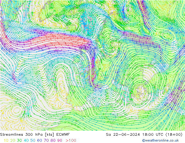 Línea de corriente 300 hPa ECMWF sáb 22.06.2024 18 UTC