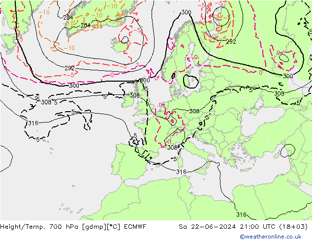 Height/Temp. 700 hPa ECMWF So 22.06.2024 21 UTC