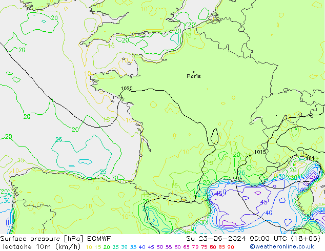 Isotachs (kph) ECMWF Su 23.06.2024 00 UTC