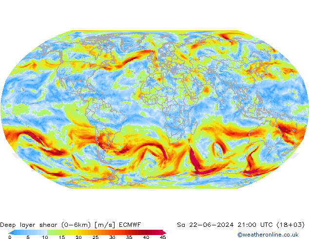 Deep layer shear (0-6km) ECMWF Sa 22.06.2024 21 UTC