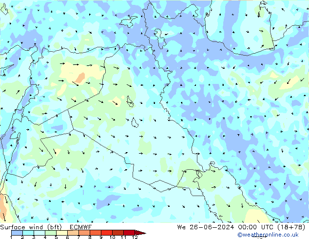 Vento 10 m (bft) ECMWF Qua 26.06.2024 00 UTC