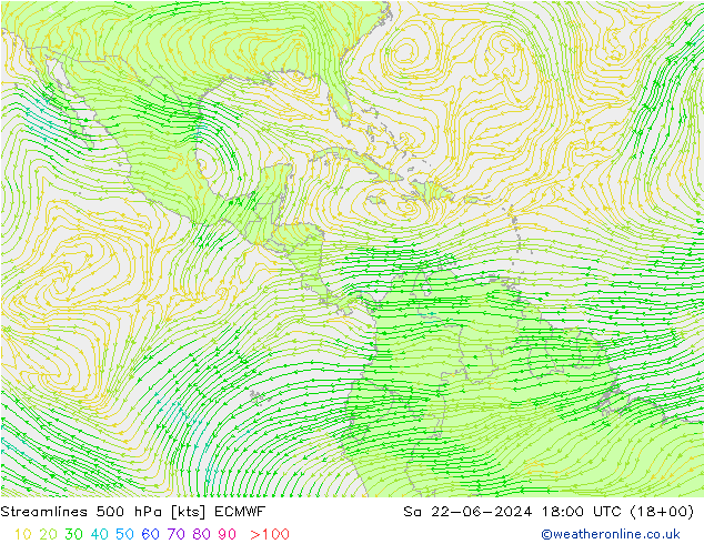 Linia prądu 500 hPa ECMWF so. 22.06.2024 18 UTC