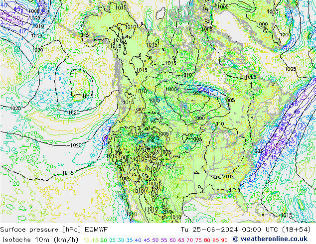 Isotachen (km/h) ECMWF Di 25.06.2024 00 UTC