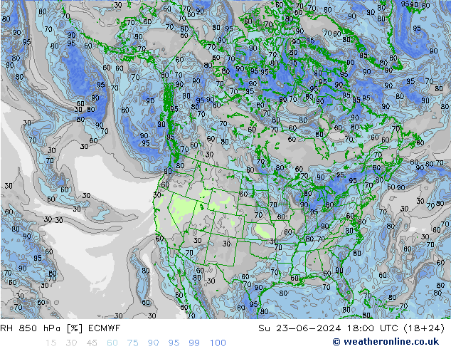 Humidité rel. 850 hPa ECMWF dim 23.06.2024 18 UTC