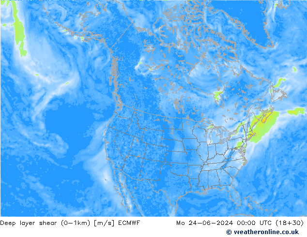 Deep layer shear (0-1km) ECMWF Mo 24.06.2024 00 UTC