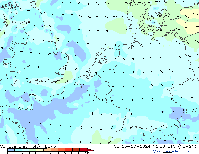 Surface wind (bft) ECMWF Su 23.06.2024 15 UTC