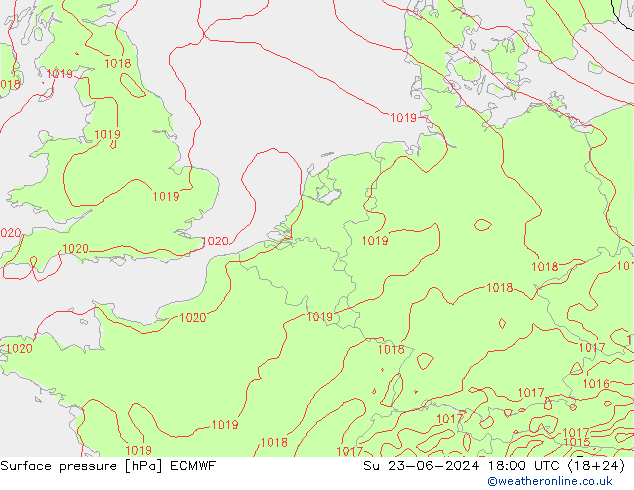 Presión superficial ECMWF dom 23.06.2024 18 UTC