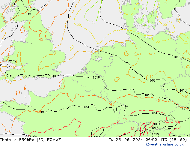 Theta-e 850hPa ECMWF Tu 25.06.2024 06 UTC