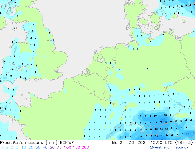 Precipitation accum. ECMWF Mo 24.06.2024 15 UTC