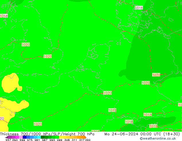 Thck 700-1000 hPa ECMWF lun 24.06.2024 00 UTC