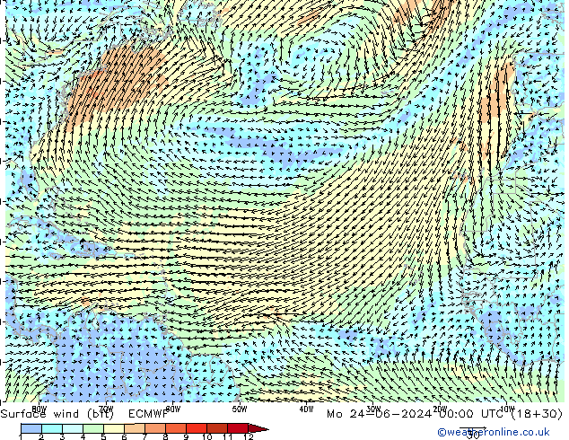 Viento 10 m (bft) ECMWF lun 24.06.2024 00 UTC