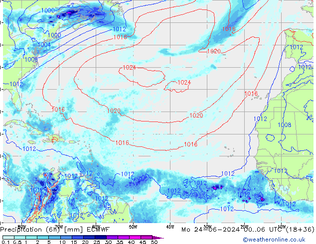 Z500/Rain (+SLP)/Z850 ECMWF Mo 24.06.2024 06 UTC