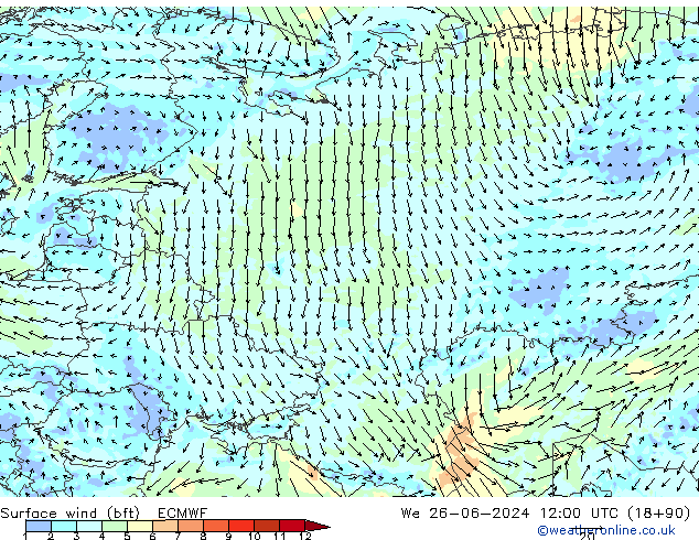 Bodenwind (bft) ECMWF Mi 26.06.2024 12 UTC