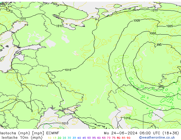 Isotachs (mph) ECMWF lun 24.06.2024 06 UTC