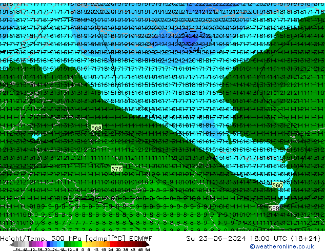 Height/Temp. 500 гПа ECMWF Вс 23.06.2024 18 UTC