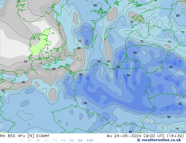 RH 850 hPa ECMWF Mo 24.06.2024 09 UTC