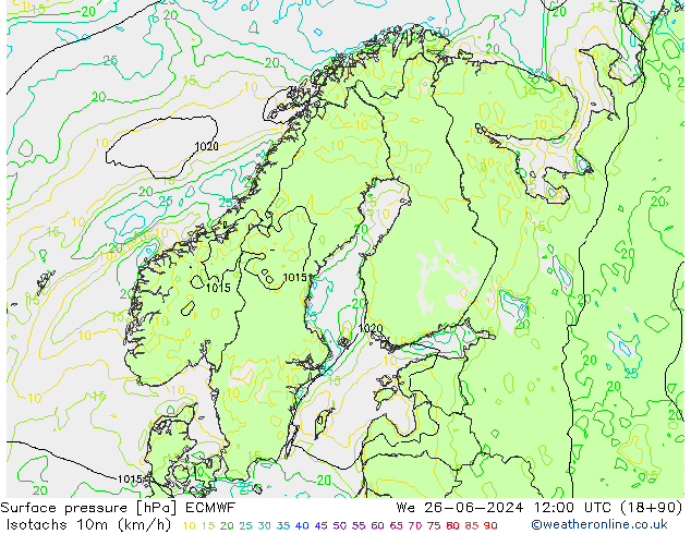 Isotachs (kph) ECMWF ср 26.06.2024 12 UTC