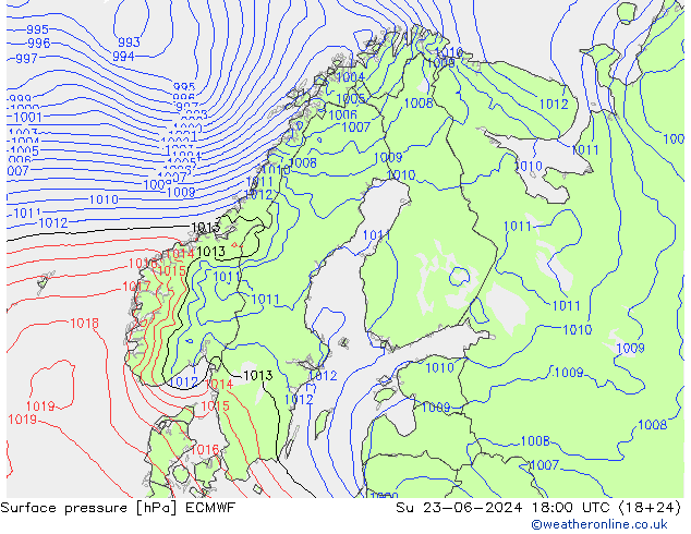 Luchtdruk (Grond) ECMWF zo 23.06.2024 18 UTC