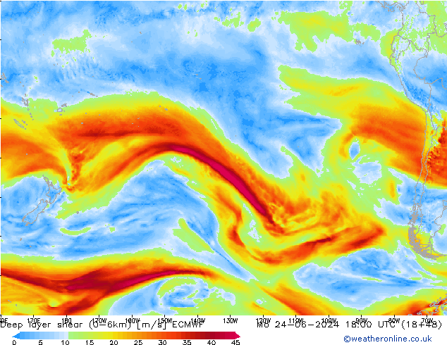 Deep layer shear (0-6km) ECMWF Pzt 24.06.2024 18 UTC