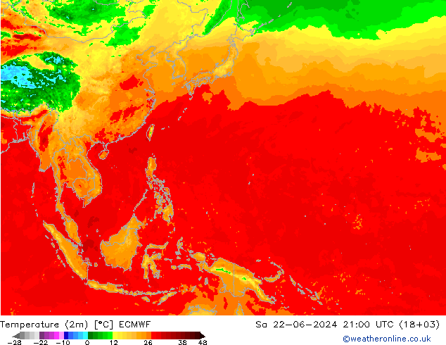 Temperatuurkaart (2m) ECMWF za 22.06.2024 21 UTC