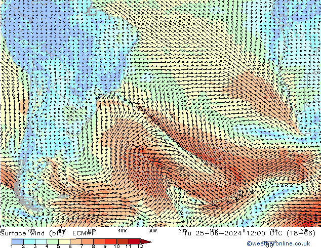 Wind 10 m (bft) ECMWF di 25.06.2024 12 UTC