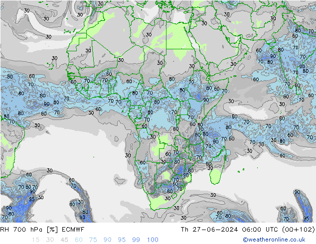 RH 700 гПа ECMWF чт 27.06.2024 06 UTC