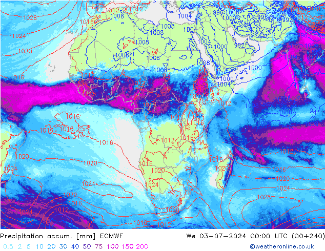 Precipitation accum. ECMWF mer 03.07.2024 00 UTC